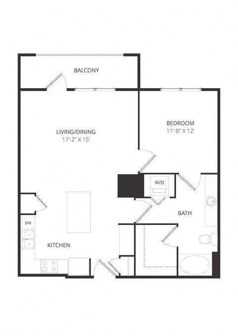 Floor plan for 1 bed, 1 bath, 840 sqft